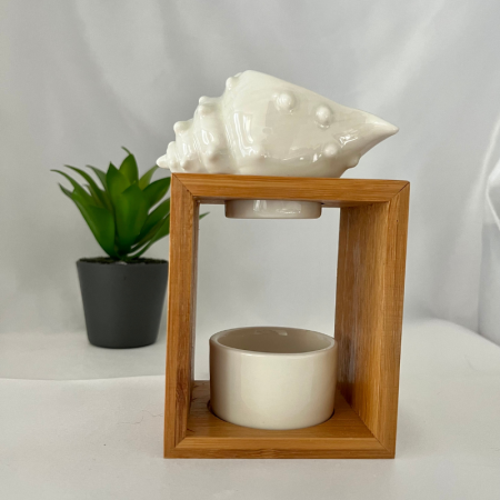 Brûle-parfum coquillage céramique et bois