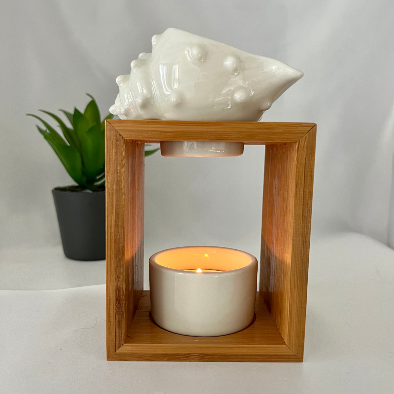 Brûle-parfum coquillage céramique et bois