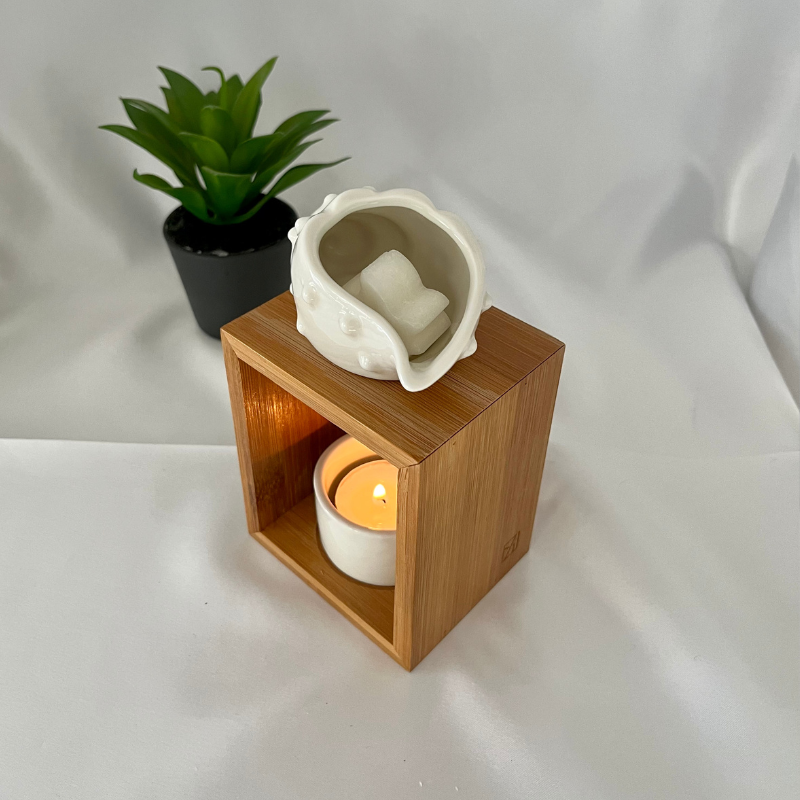 Brûle-parfum coquillage céramique et bois