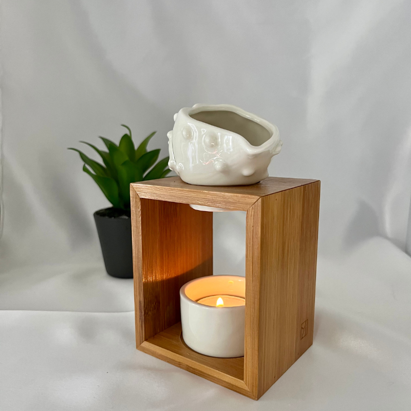 Brûle-parfum coquillage céramique et bois