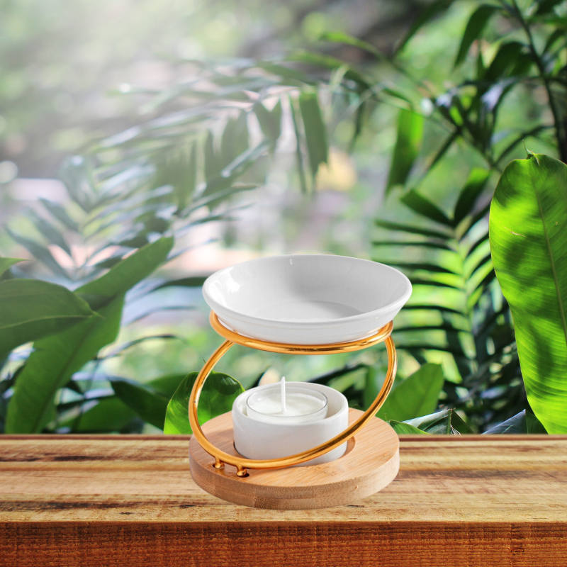 Brûle-parfum bougie bambou or et blanc déco
